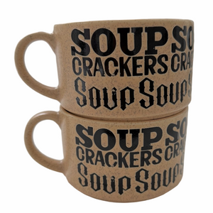 Vintage Pair 1970's Soup Crackers Speckled Stoneware Large Tan Soup Mugs Japan